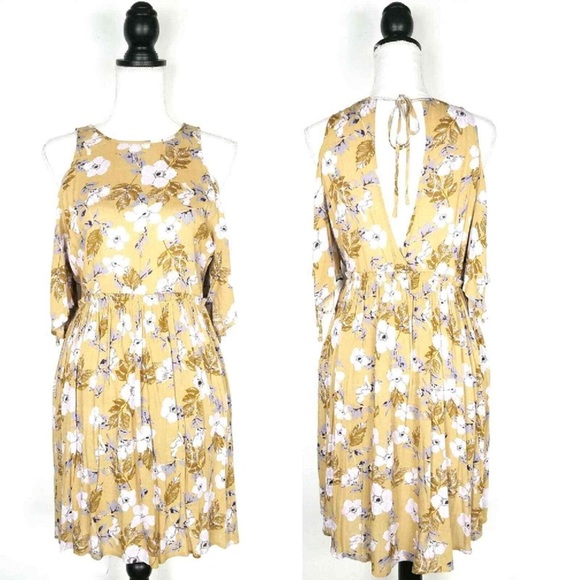 Hommage Los Angeles Mustard Yellow Floral Print Cold Shoulder Dress - Picture 1 of 12